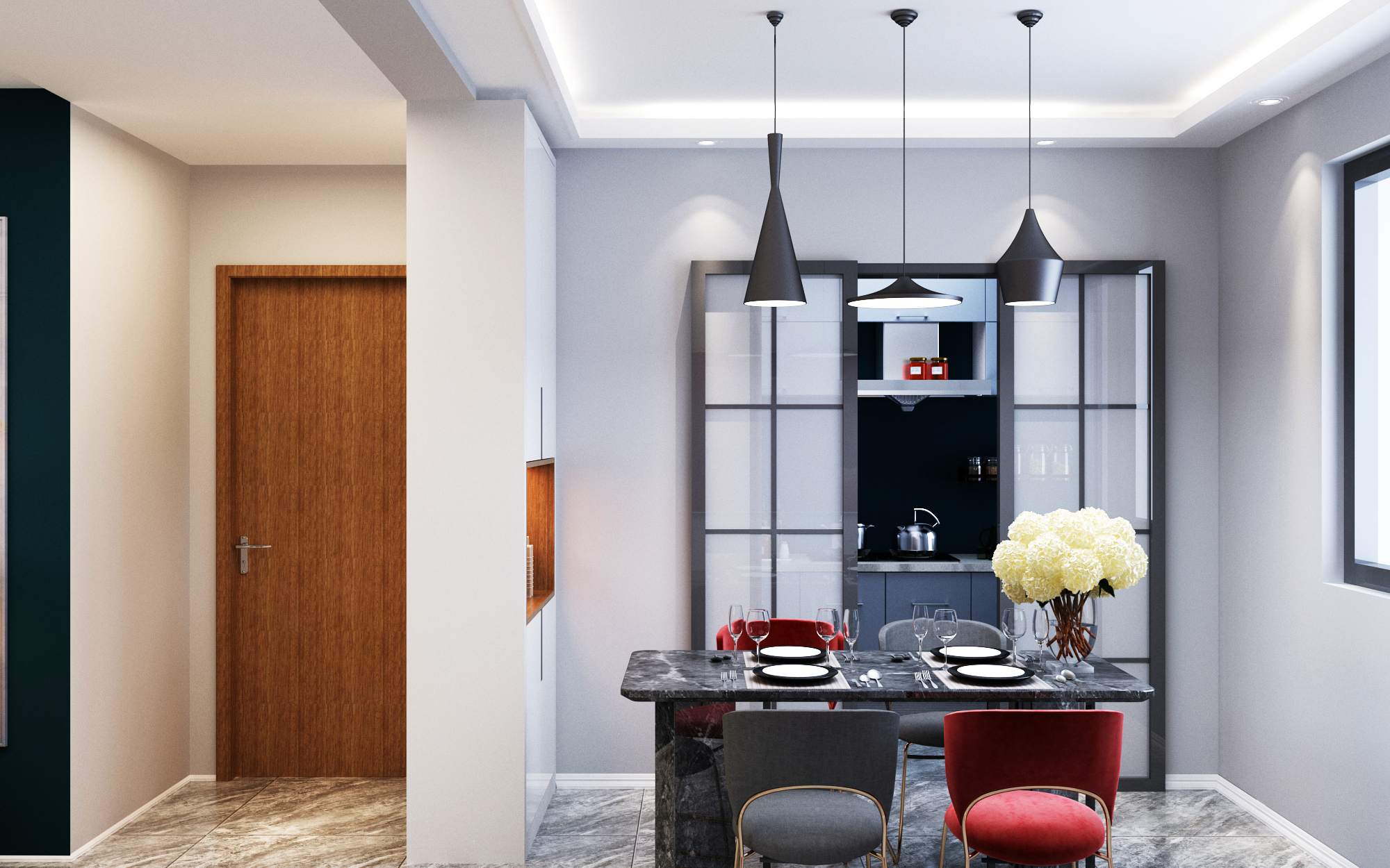 تصميم داخلي عصري لغرفة طعام ومطبخ — Render داخلي